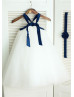 Ivory Tulle Navy Blue Straps Cross Flower Girl Dress 